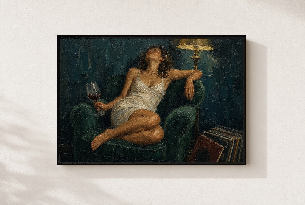 Wine Chair, Lamp print, mounted in a black wood frame on a cream wall.