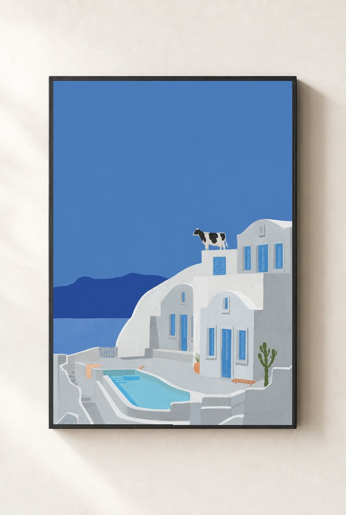 Santorini, Solo print, mounted in a black wood frame on a cream wall.
