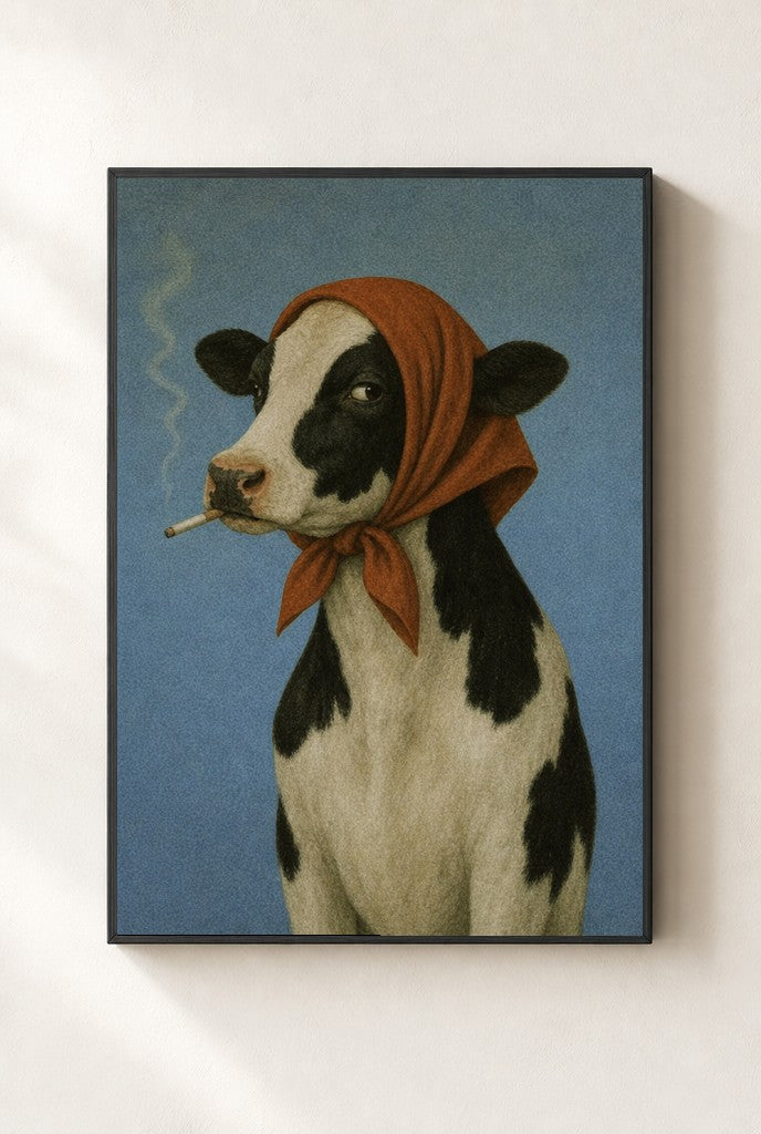 Smoke Break, Headscarf print, mounted in a black wood frame on a cream wall.