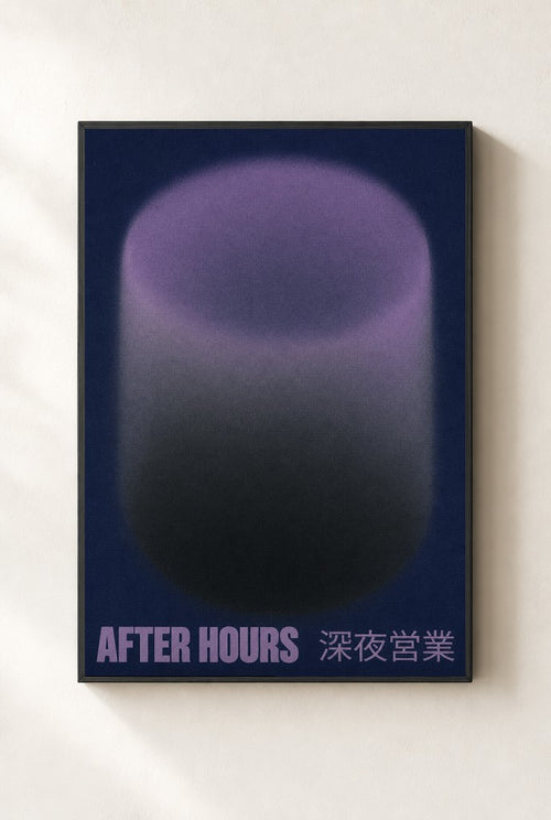 After Hours, Purple print, mounted in a black wood frame on a cream wall.