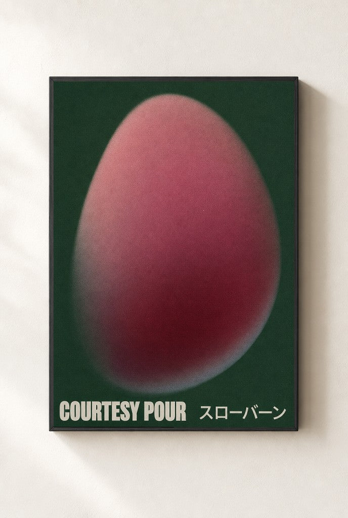 Courtesy Pour, Capsule print, mounted in a black wood frame on a cream wall.