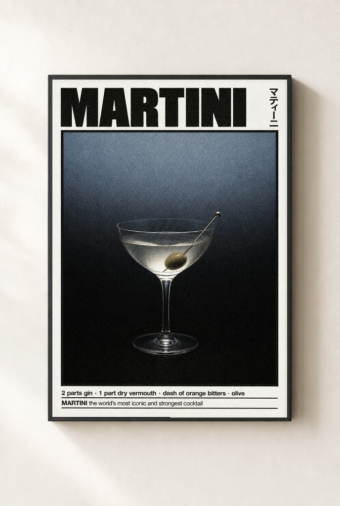 Martini Recipe print, mounted in a black wood frame on a cream wall.