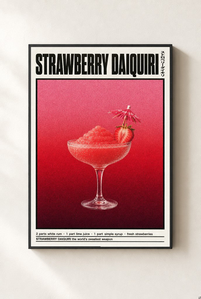 Strawberry Daiquiri print, mounted in a black wood frame on a cream wall.