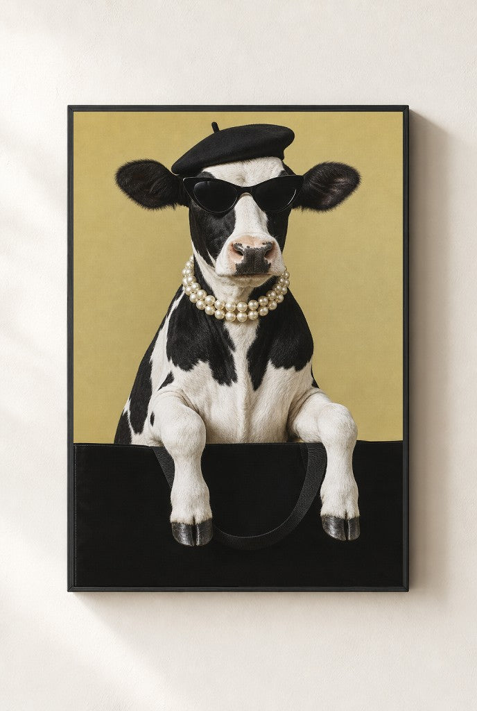 Pearls and a Beret print, mounted in a black wood frame on a cream wall.