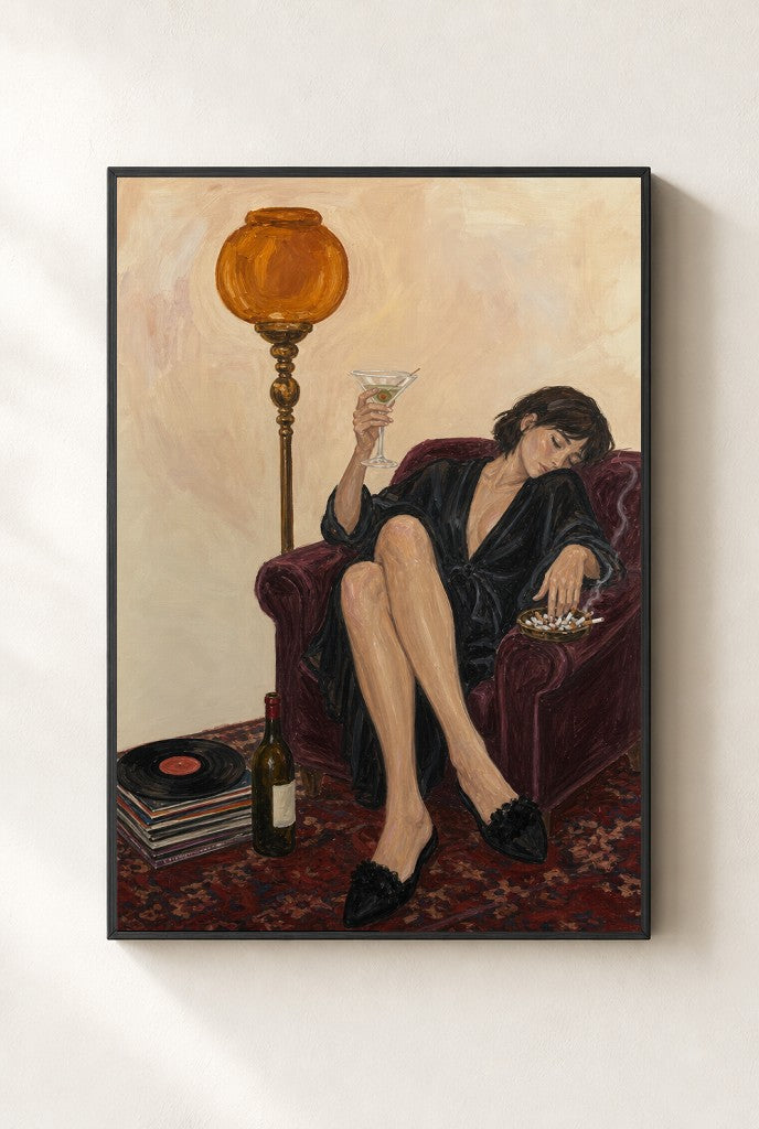 Robe, Amber Lamp print, mounted in a black wood frame on a cream wall.