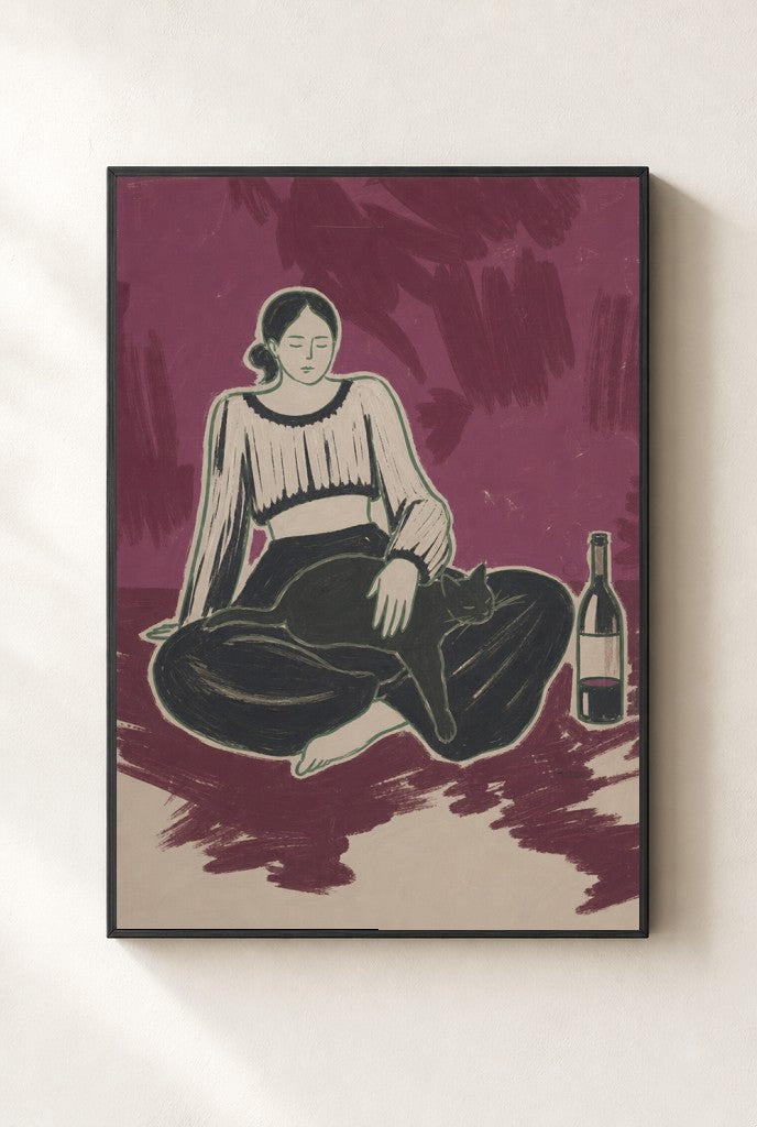 Black Cat, Wine print, mounted in a black wood frame on a cream wall.