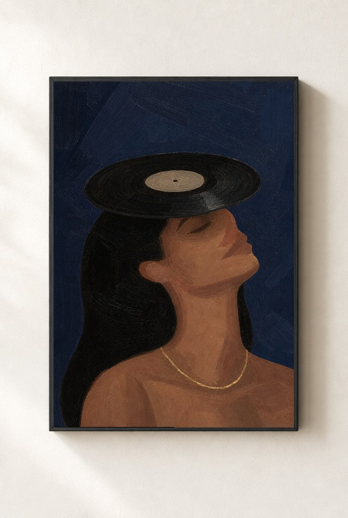 Vinyl on Her Head print, mounted in a black wood frame on a cream wall.