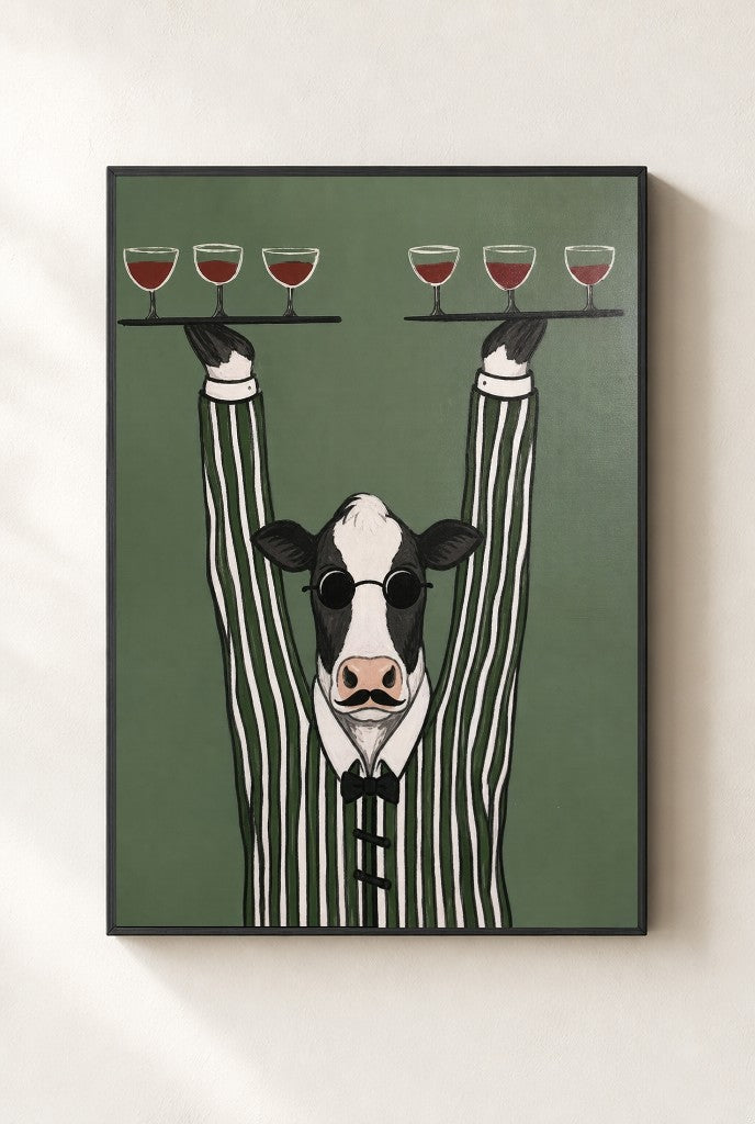 Pour Cow print, mounted in a black wood frame on a cream wall.