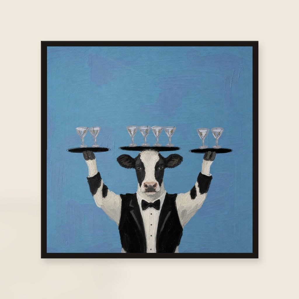 Showing Off print, mounted in a black wood frame on a cream wall.