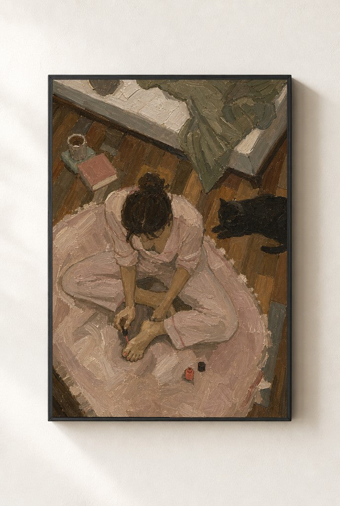Painted Toenails, Black Cat print, mounted in a black wood frame on a cream wall.