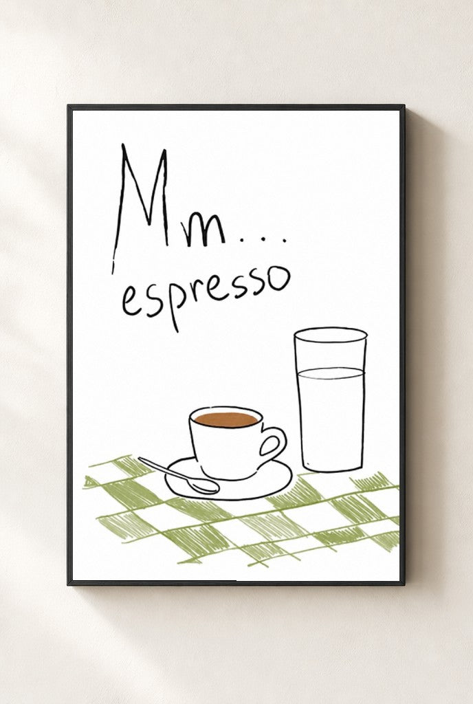 Mm Espresso print, mounted in a black wood frame on a cream wall.