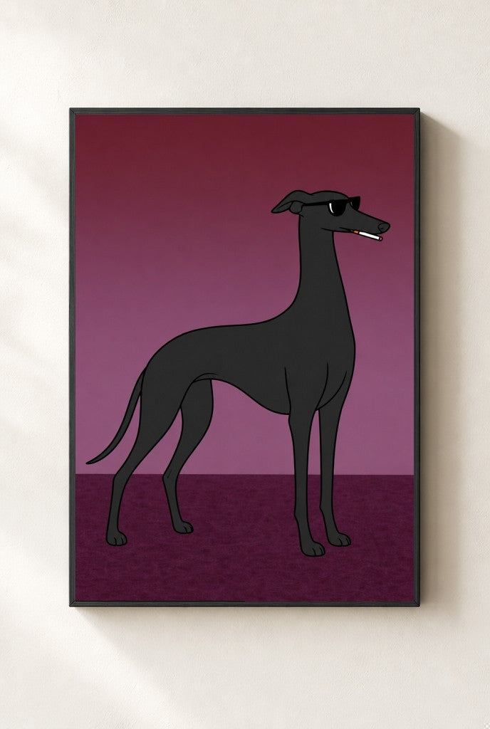 Greyhound, Smoking print, mounted in a black wood frame on a cream wall.