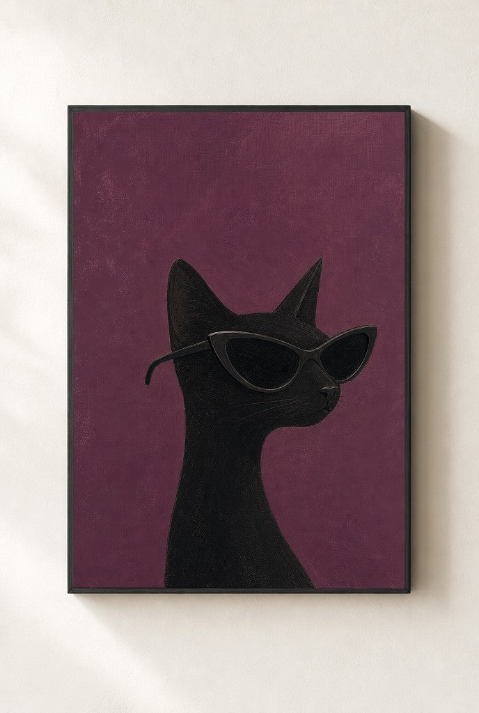 Black Cat, Cat-Eye print, mounted in a black wood frame on a cream wall.