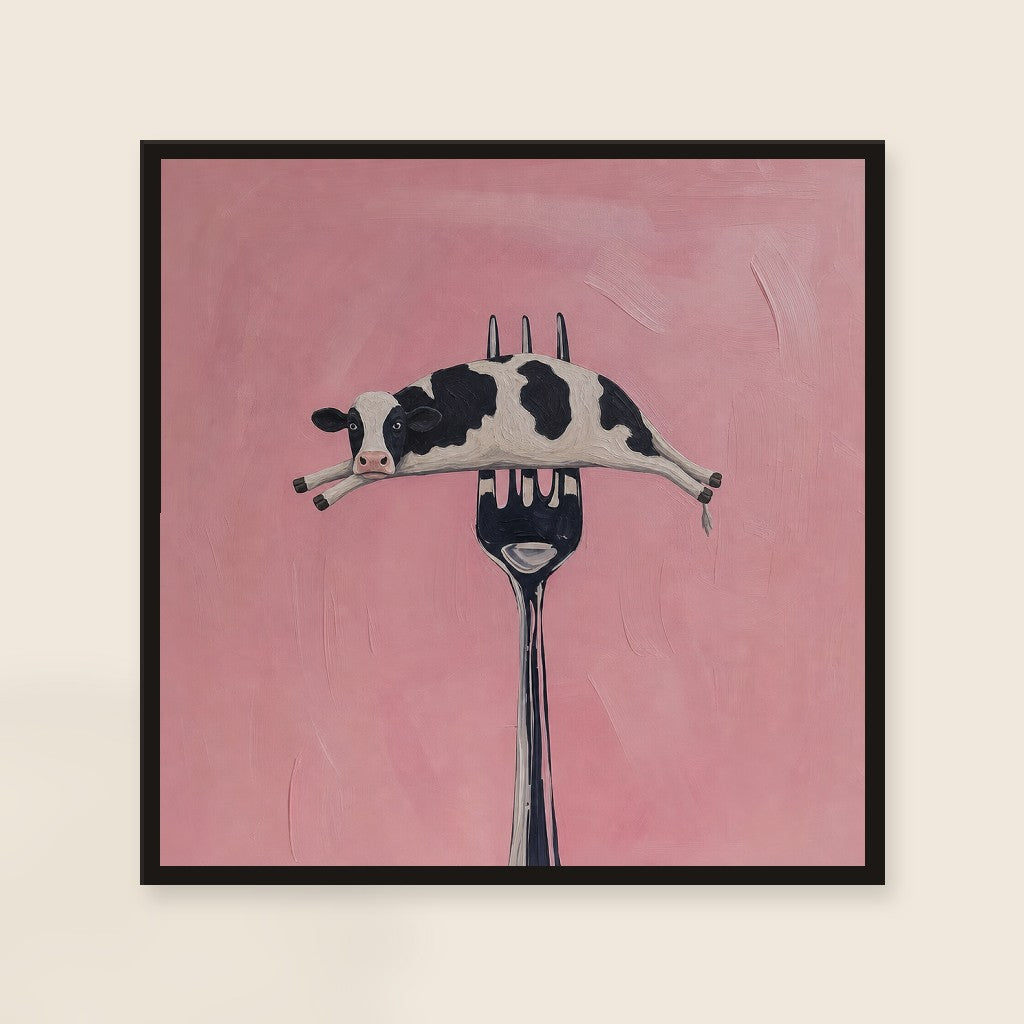 On a Fork, Deadpan print, mounted in a black wood frame on a cream wall.
