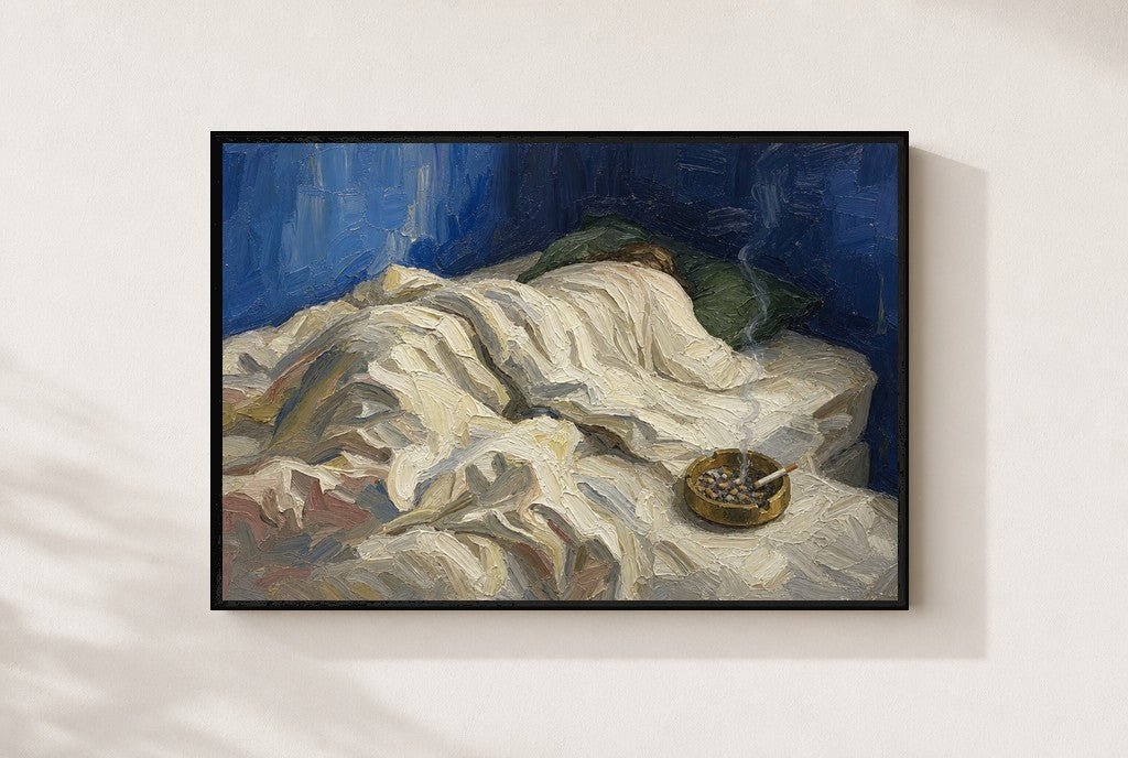 Sheets, Ashtray print, mounted in a black wood frame on a cream wall.