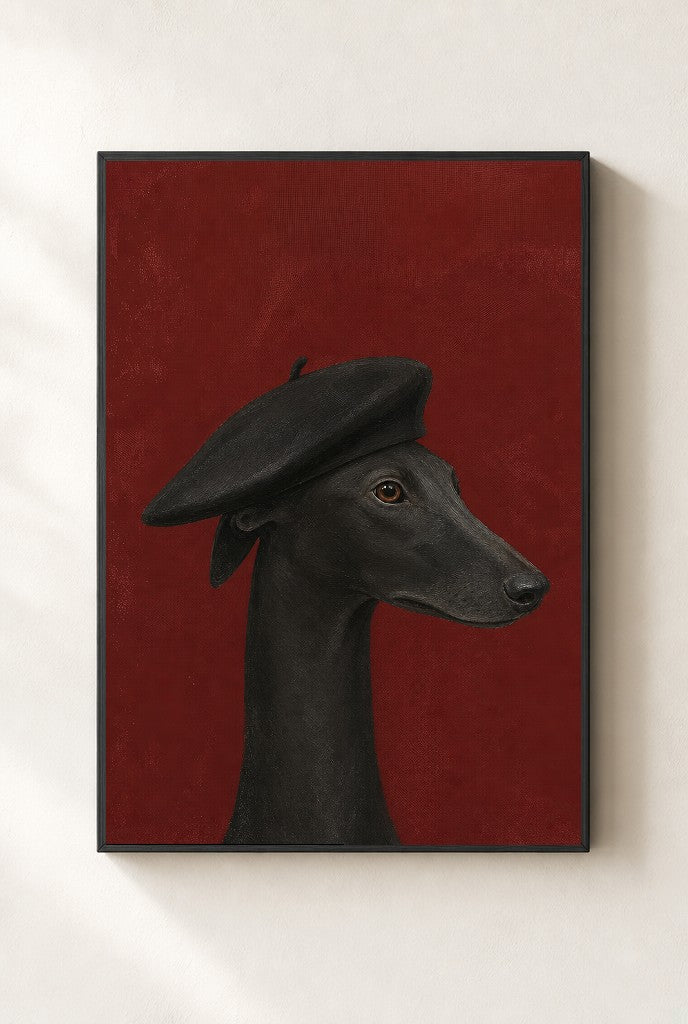 Greyhound, Black Beret print, mounted in a black wood frame on a cream wall.