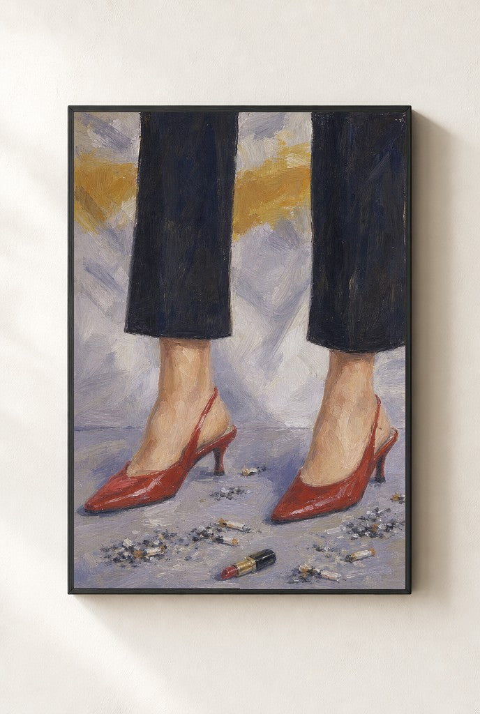 Red Heels, Ash print, mounted in a black wood frame on a cream wall.