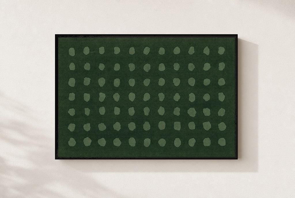 Sage Dots, Forest print, mounted in a black wood frame on a cream wall.