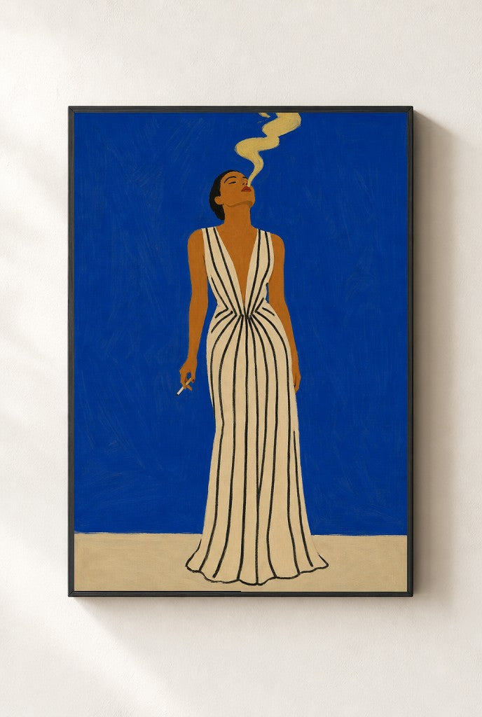 Striped Gown, Cobalt print, mounted in a black wood frame on a cream wall.