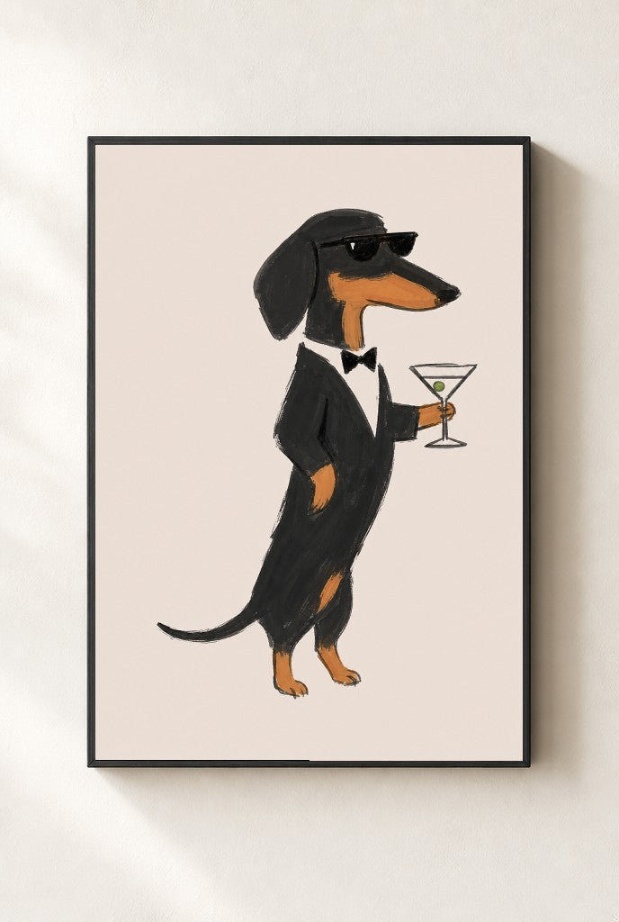 Dachshund, Martini print, mounted in a black wood frame on a cream wall.