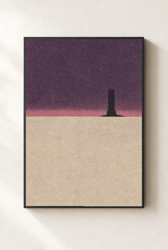 Lone Tower, Pink Sky print, mounted in a black wood frame on a cream wall.