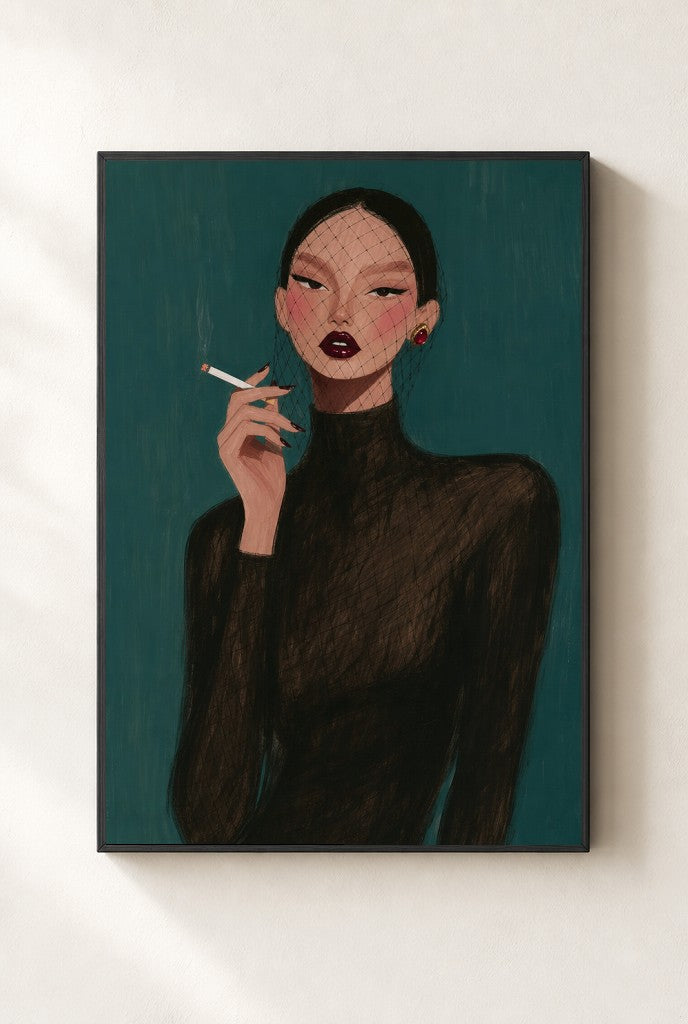 Fishnet Veil, Teal print, mounted in a black wood frame on a cream wall.