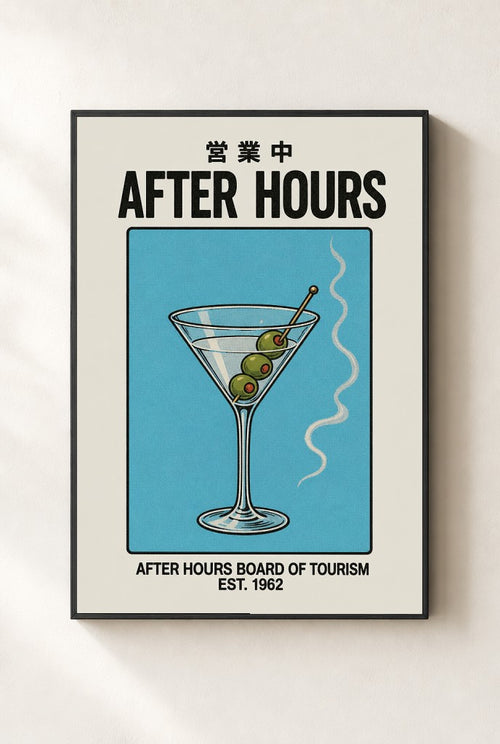 After Hours, Tourism print, mounted in a black wood frame on a cream wall.