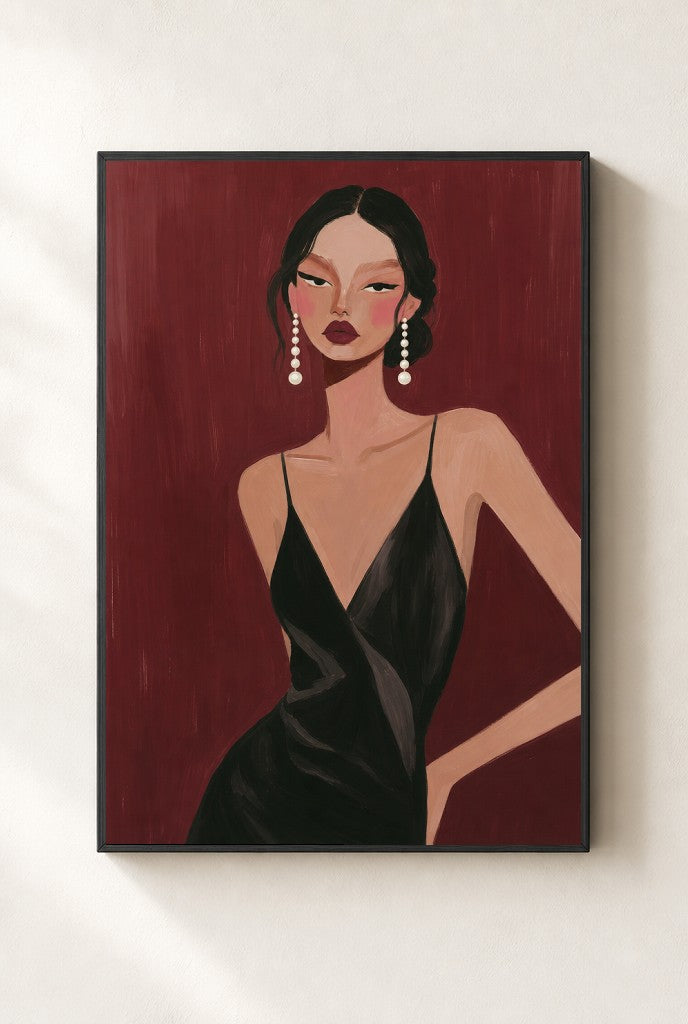 Slip Dress, Oxblood print, mounted in a black wood frame on a cream wall.