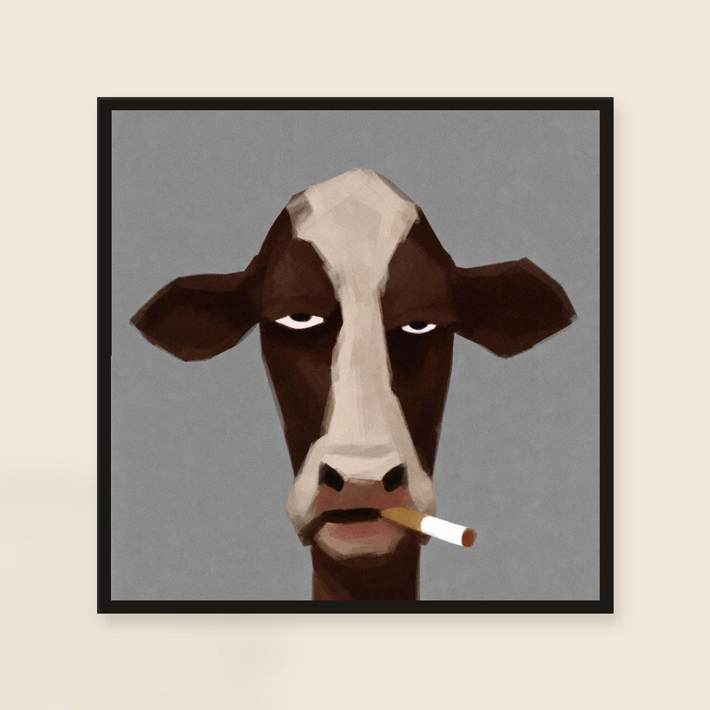 Cigarette, Square print, mounted in a black wood frame on a cream wall.
