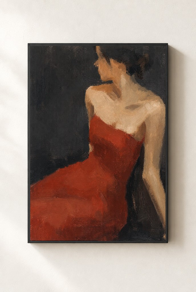 Red Dress, Charcoal, framed close-up, black