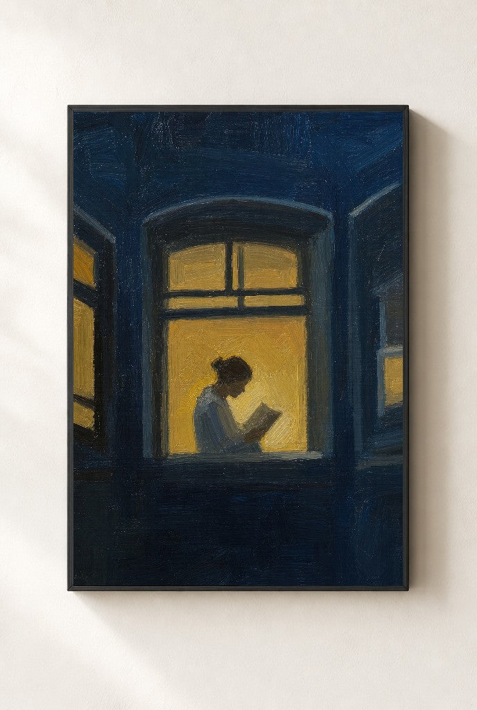 Blue Night, Reader, framed close-up, black