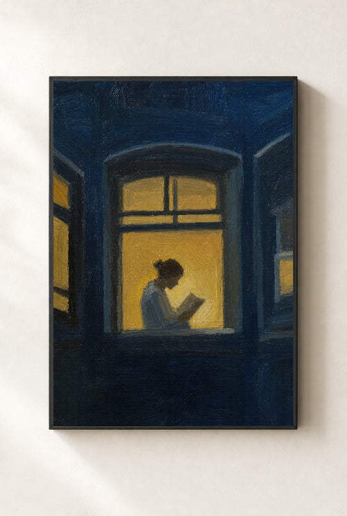 Blue Night, Reader, framed close-up, black