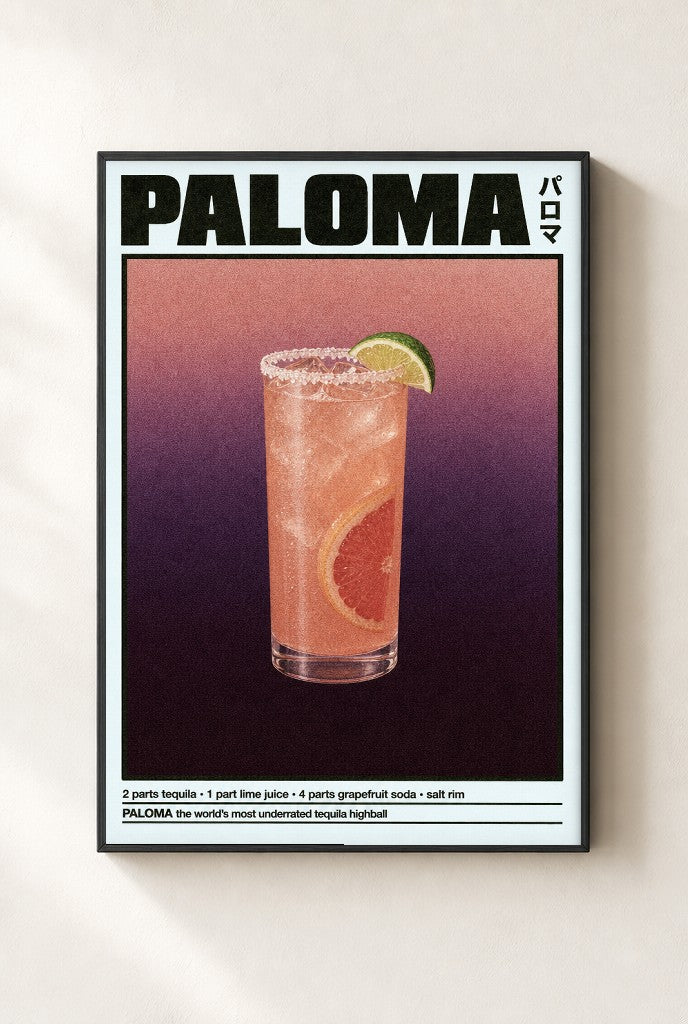 Paloma print, mounted in a black wood frame on a cream wall.