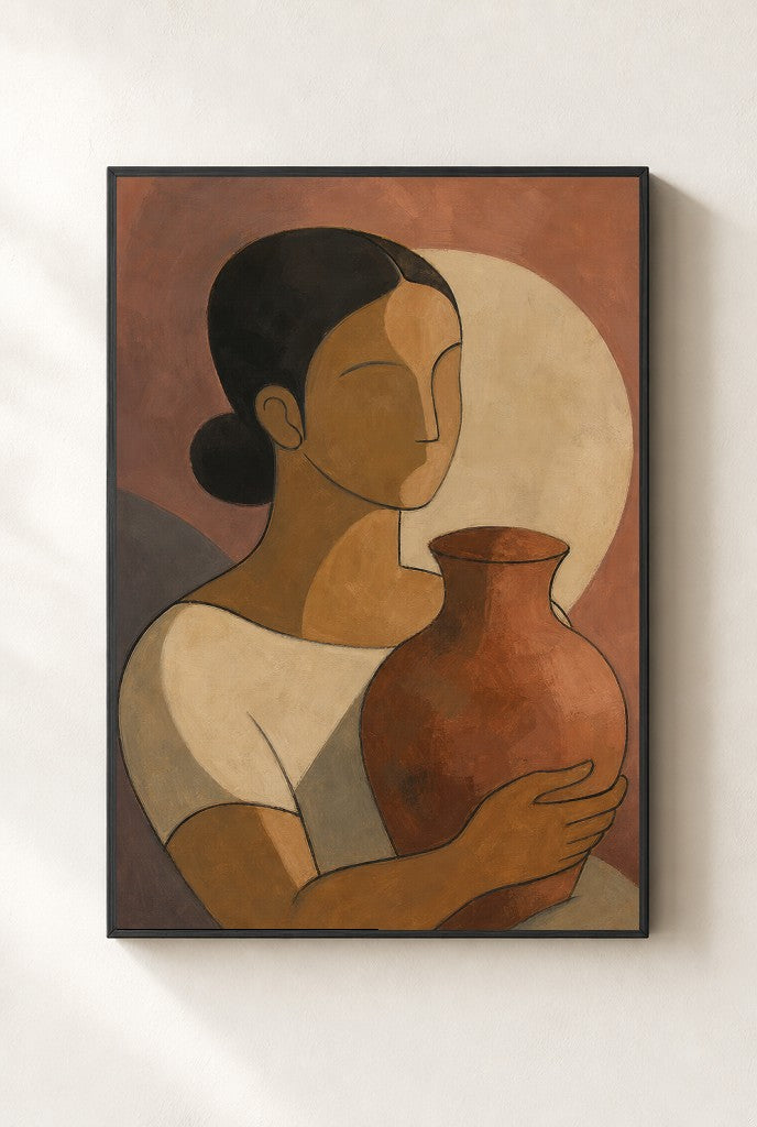 Woman With a Pot, framed close-up, black