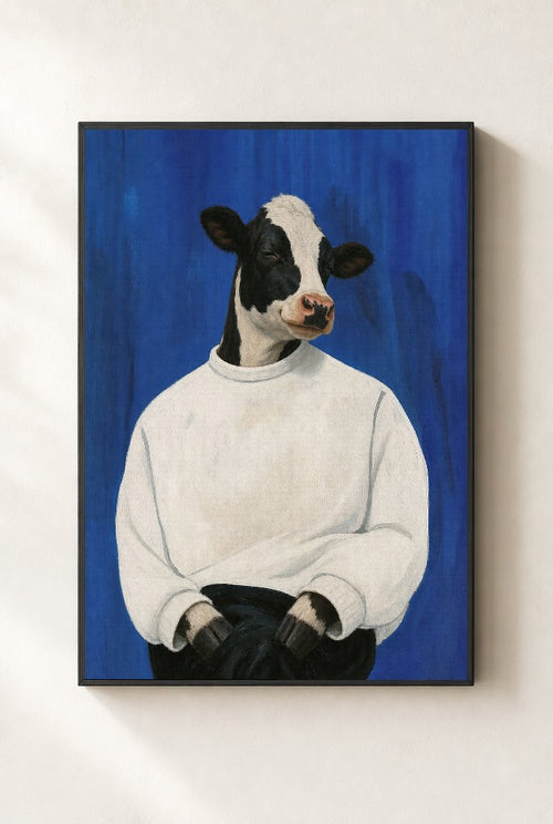 Calm in a White Sweater print, mounted in a black wood frame on a cream wall.