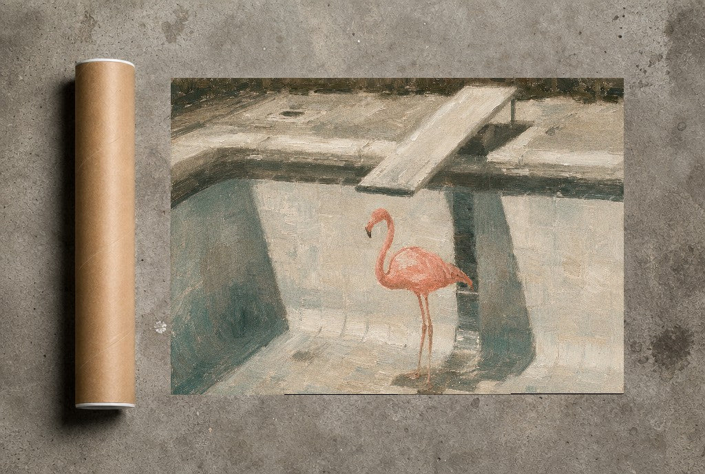 Flamingo, Empty Pool, print and shipping tube