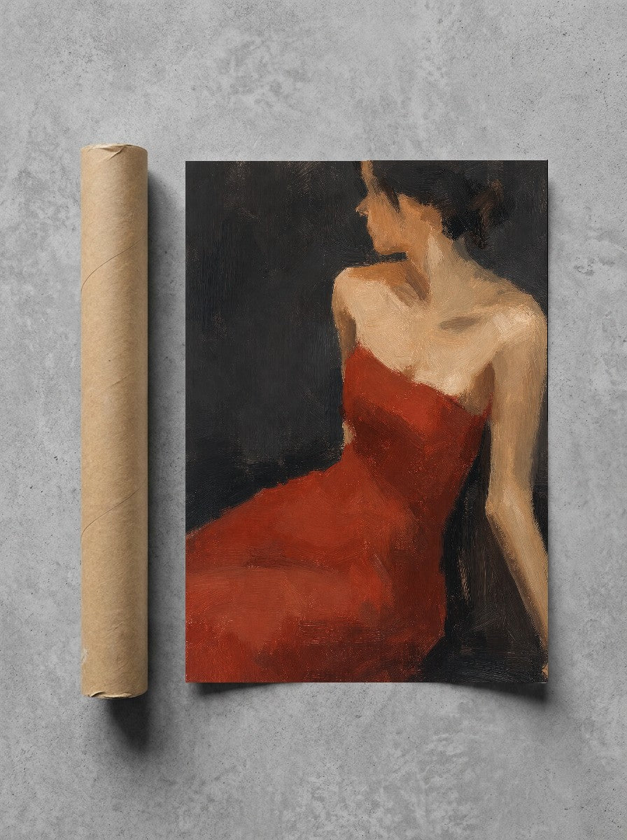 Red Dress, Charcoal, print and shipping tube