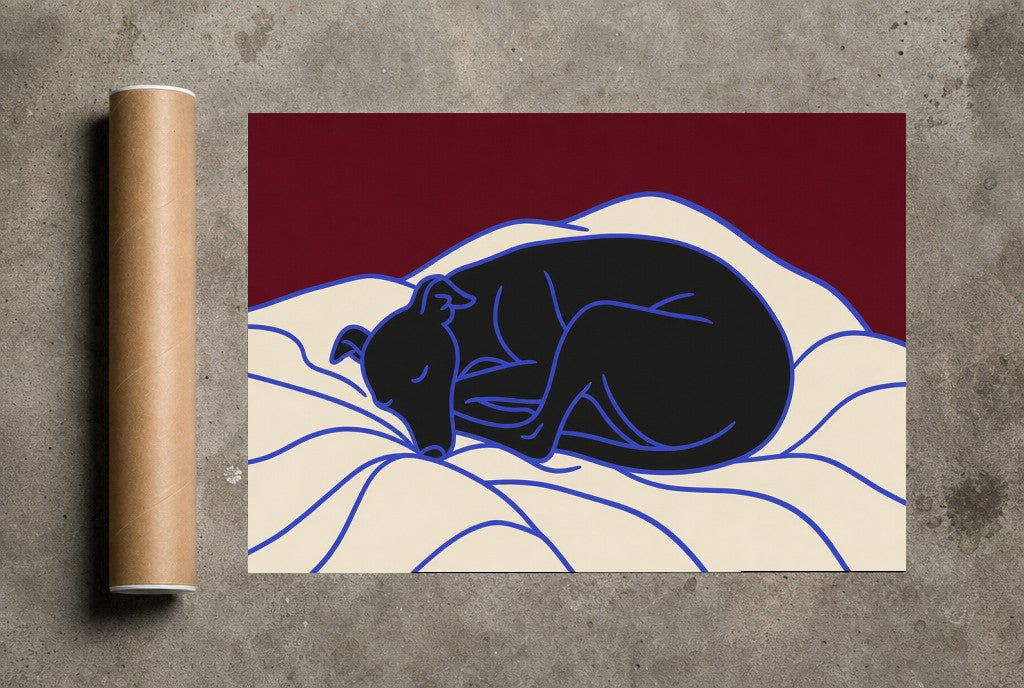 Sleeping Greyhound rolled in a Drunk Dame shipping tube, ready to ship.