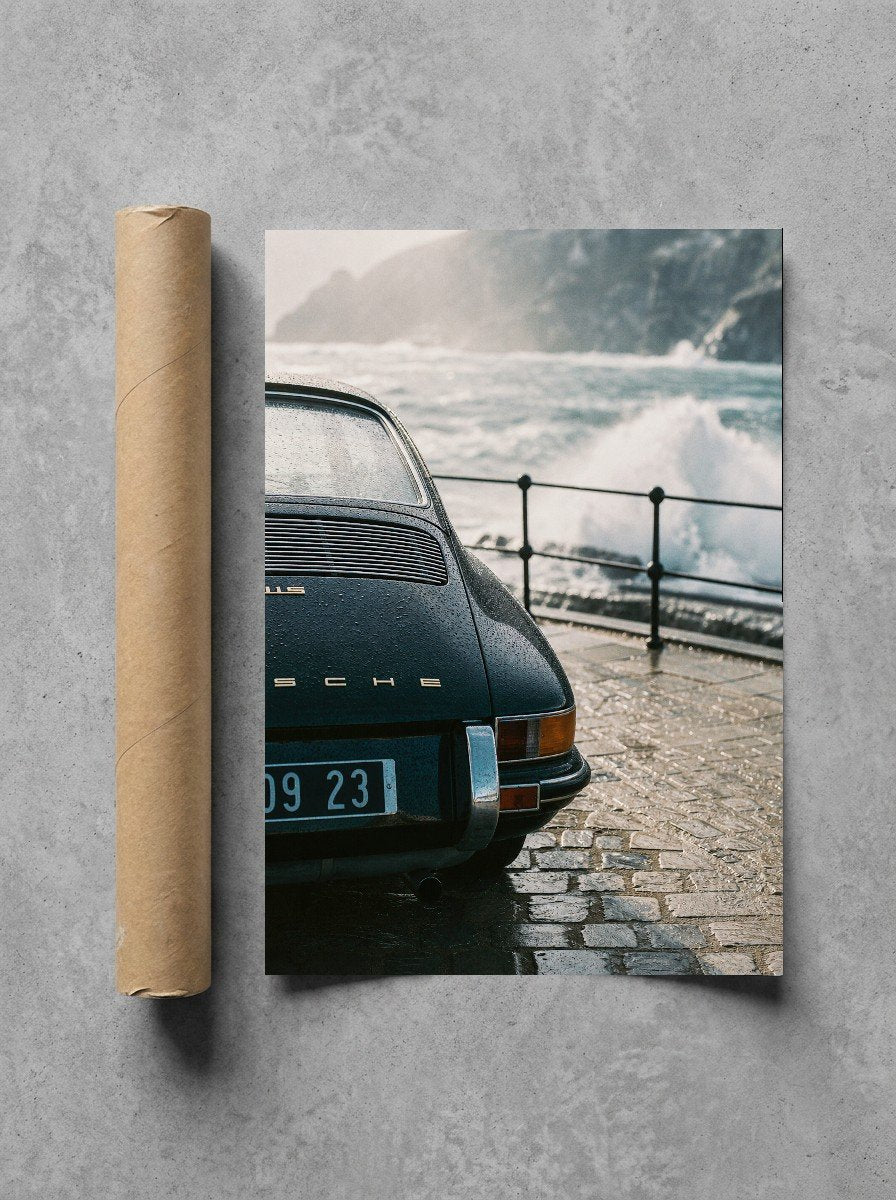 Porsche, Parked in the Spray, print and shipping tube