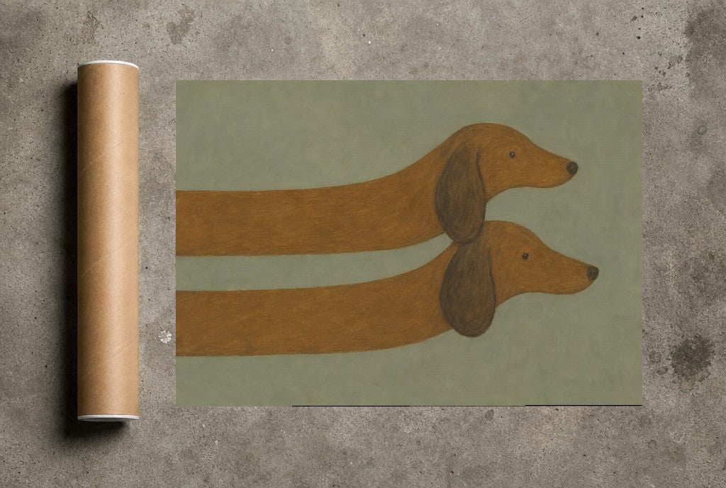 Two Dachshunds, Sage rolled in a Drunk Dame shipping tube, ready to ship.