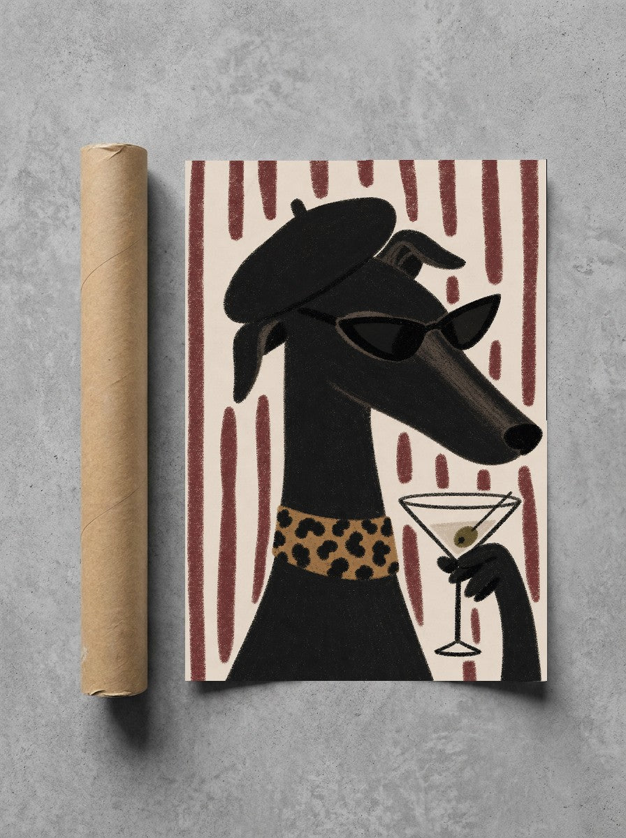 Greyhound, Beret, Martini rolled in a Drunk Dame shipping tube, ready to ship.