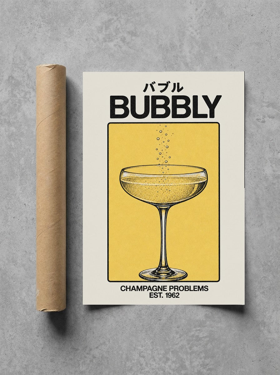 Champagne Problems rolled in a Drunk Dame shipping tube, ready to ship.