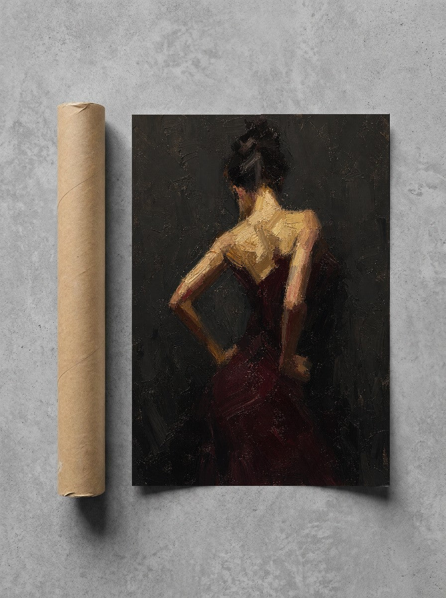 Oxblood Dress, Charcoal, print and shipping tube