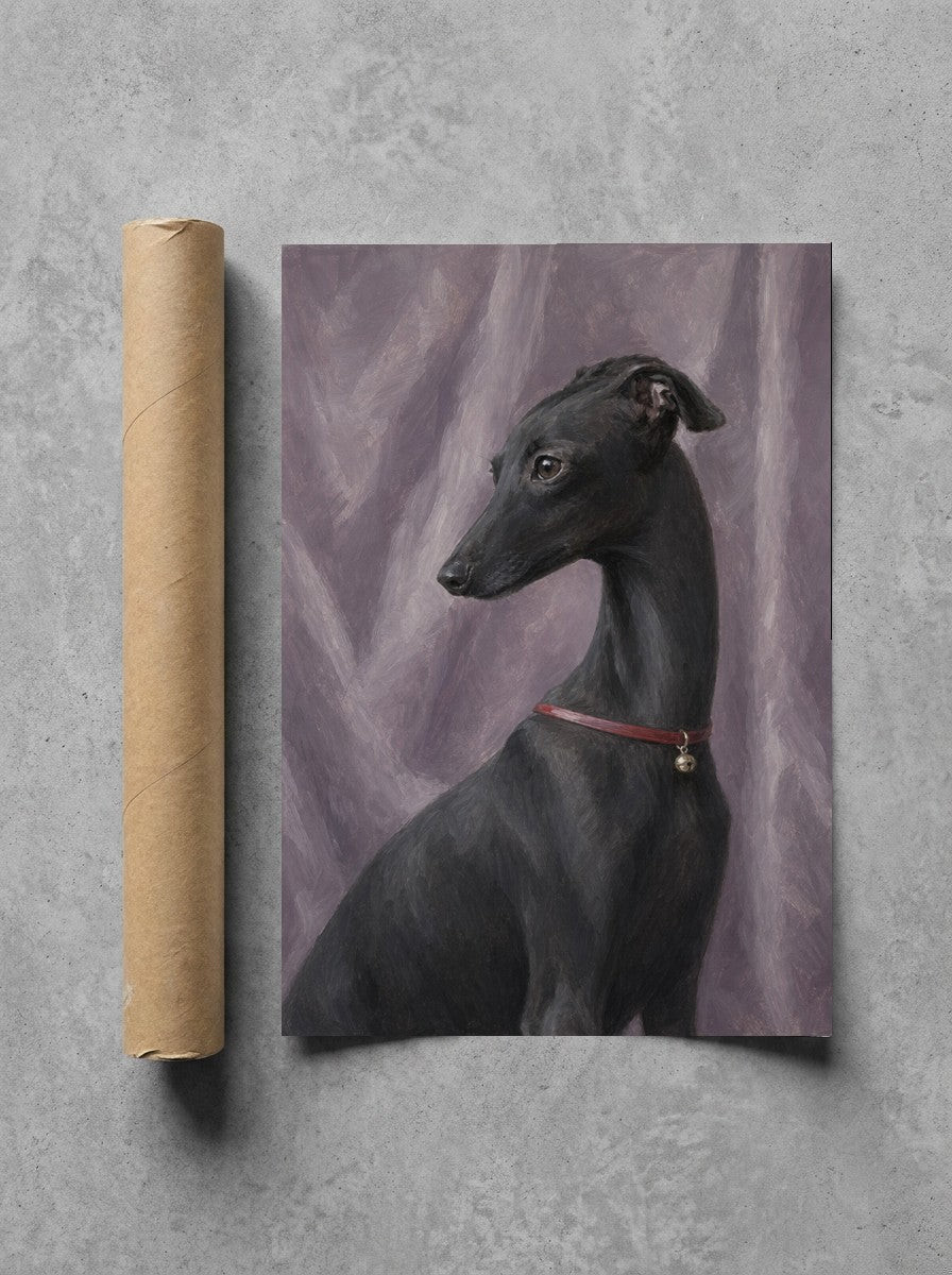Black Greyhound, Red Collar rolled in a Drunk Dame shipping tube, ready to ship.
