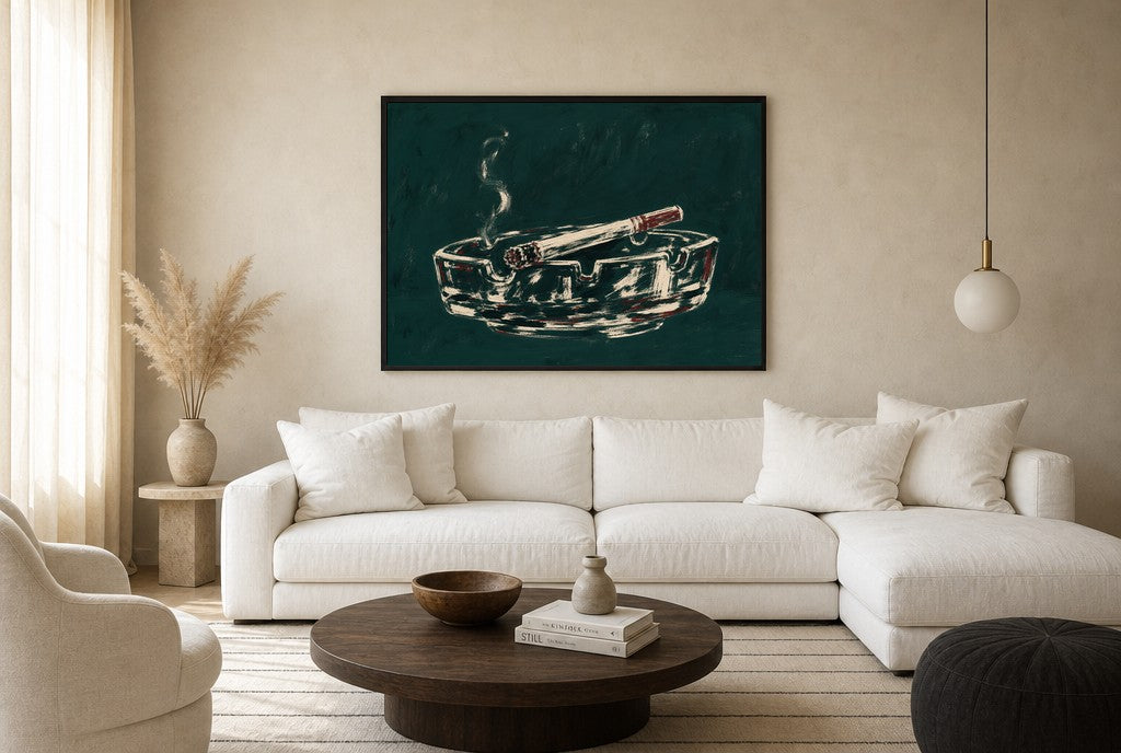 Oversized Ashtray, Teal leaning at the baseboard of a sunlit living room.