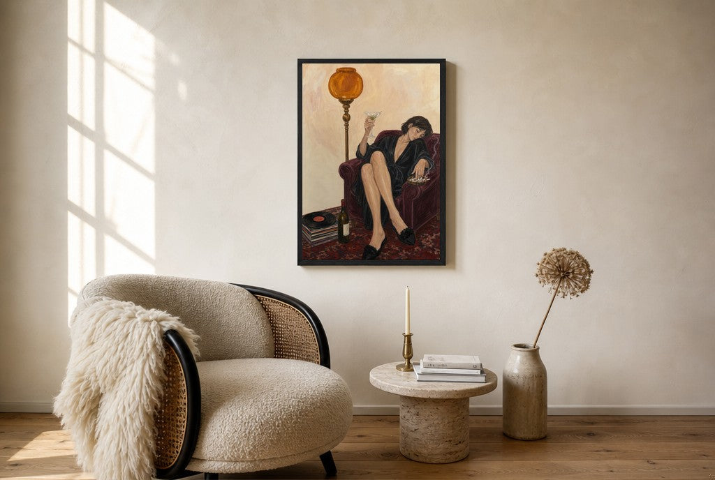 Oversized Robe, Amber Lamp leaning at the baseboard of a sunlit living room.