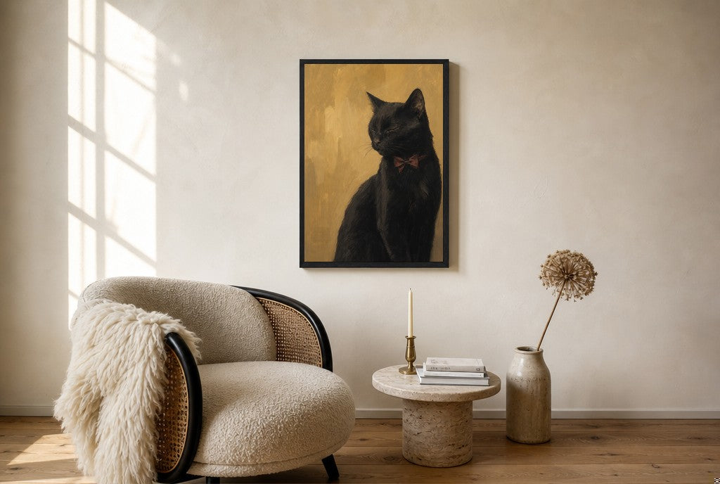 Oversized Black Cat, Red Bow leaning at the baseboard of a sunlit living room.