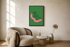 Oversized Would You Still Love Me leaning at the baseboard of a sunlit living room.