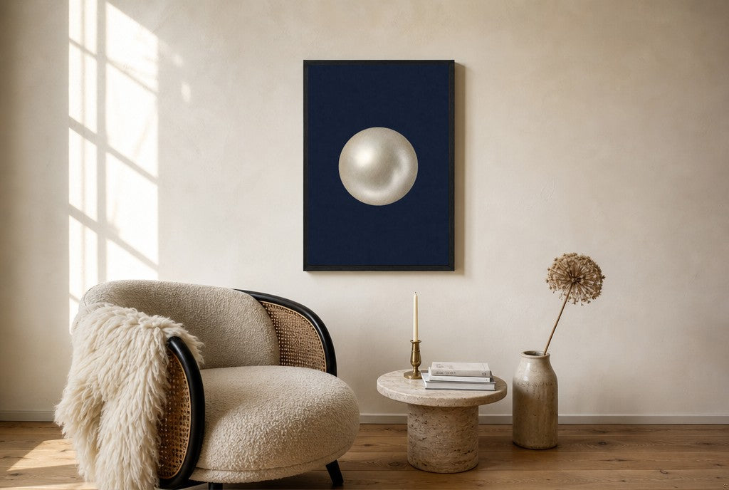 Oversized One Pearl, Navy leaning at the baseboard of a sunlit living room.