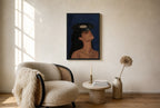 Oversized Vinyl on Her Head leaning at the baseboard of a sunlit living room.